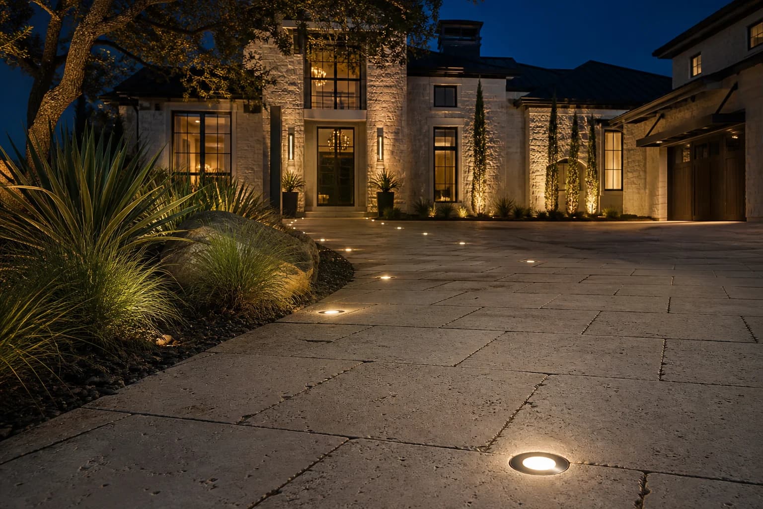 Round recessed paver lights guiding the driveway of a fictional example home