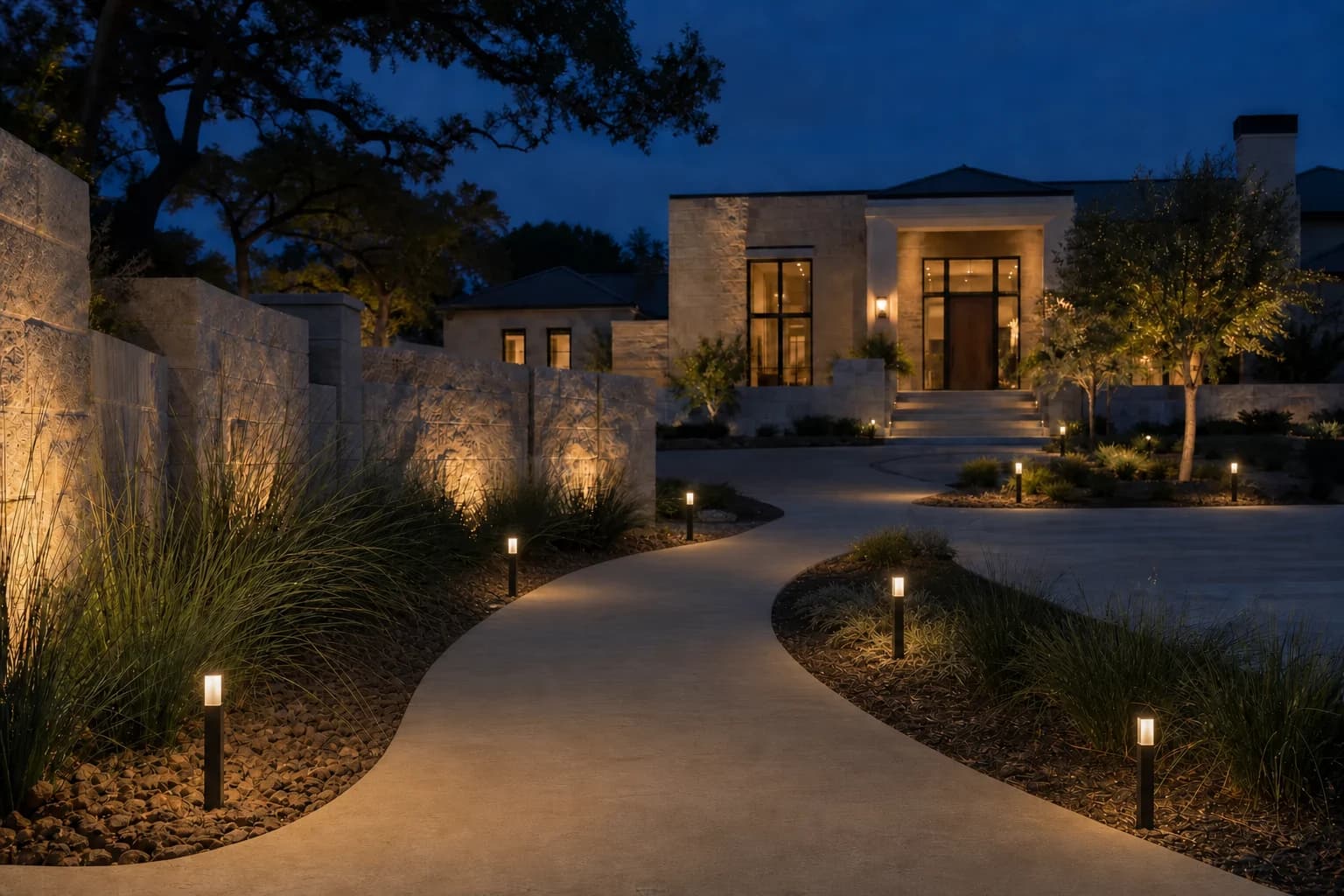 Compact pillar lights guiding the entry walk to a fictional example home