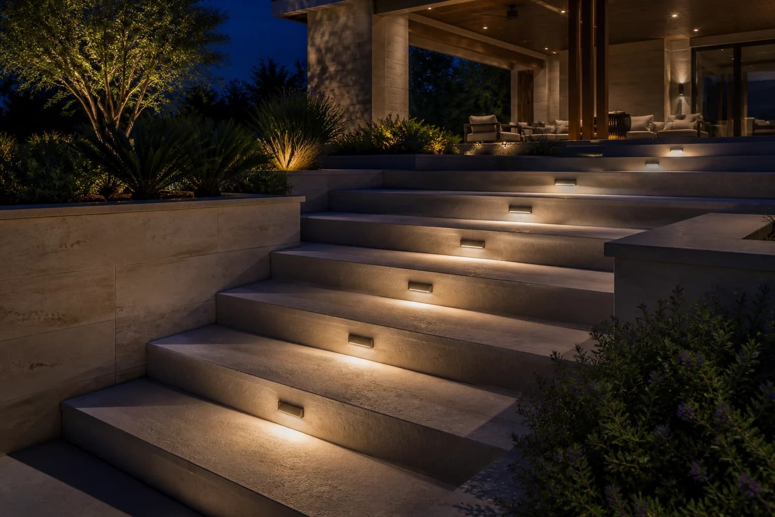 Rectangular step lights recessed into limestone stair risers at a fictional luxury home