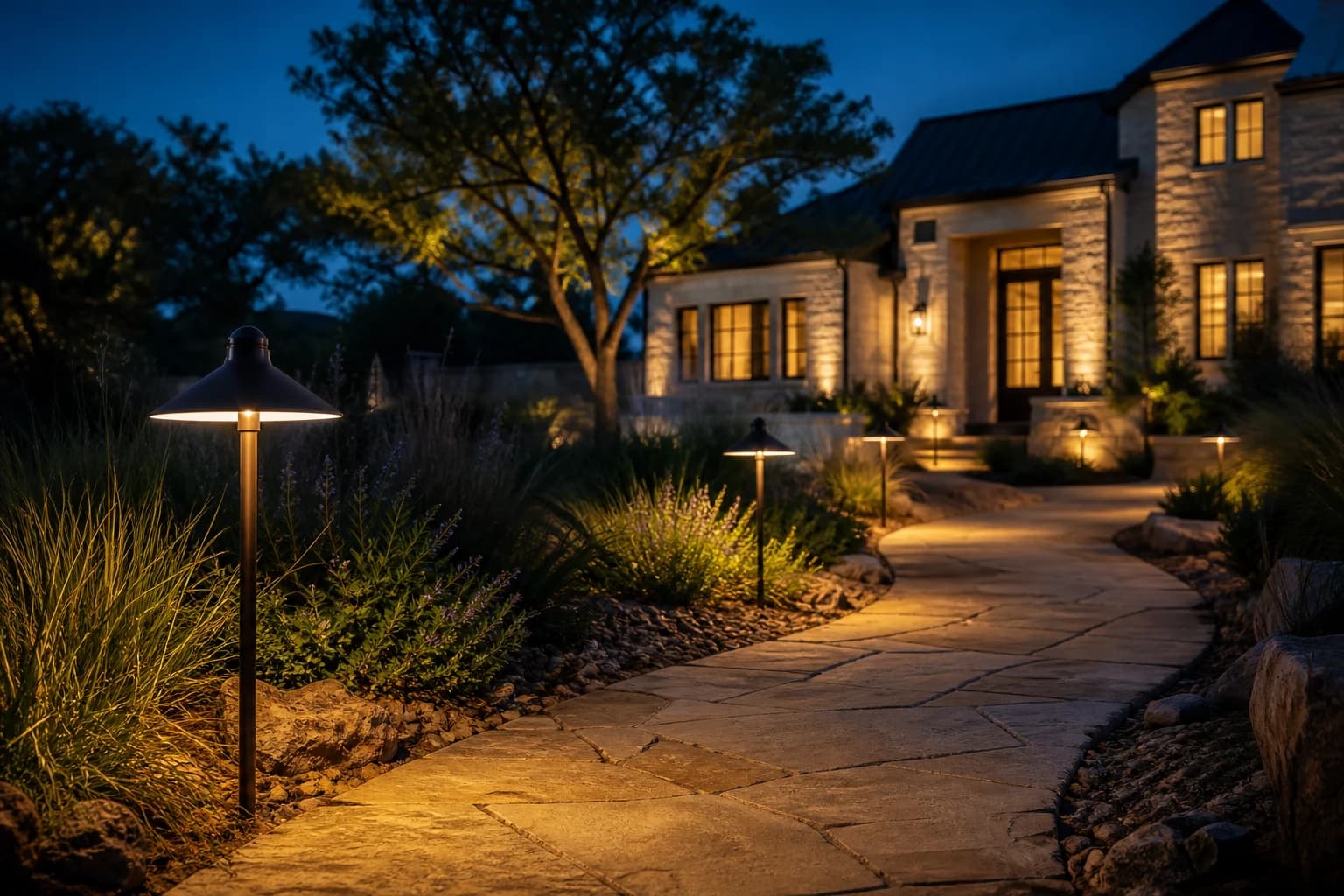 Shielded witch-hat path lights casting warm-white pools along a fictional home's garden walk