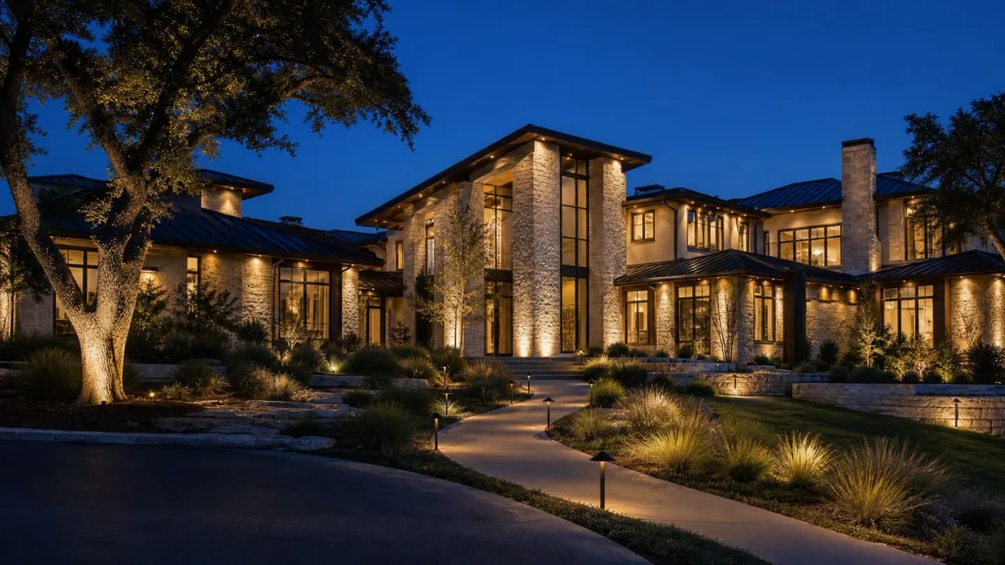 Warm-white landscape lighting on a fictional example estate