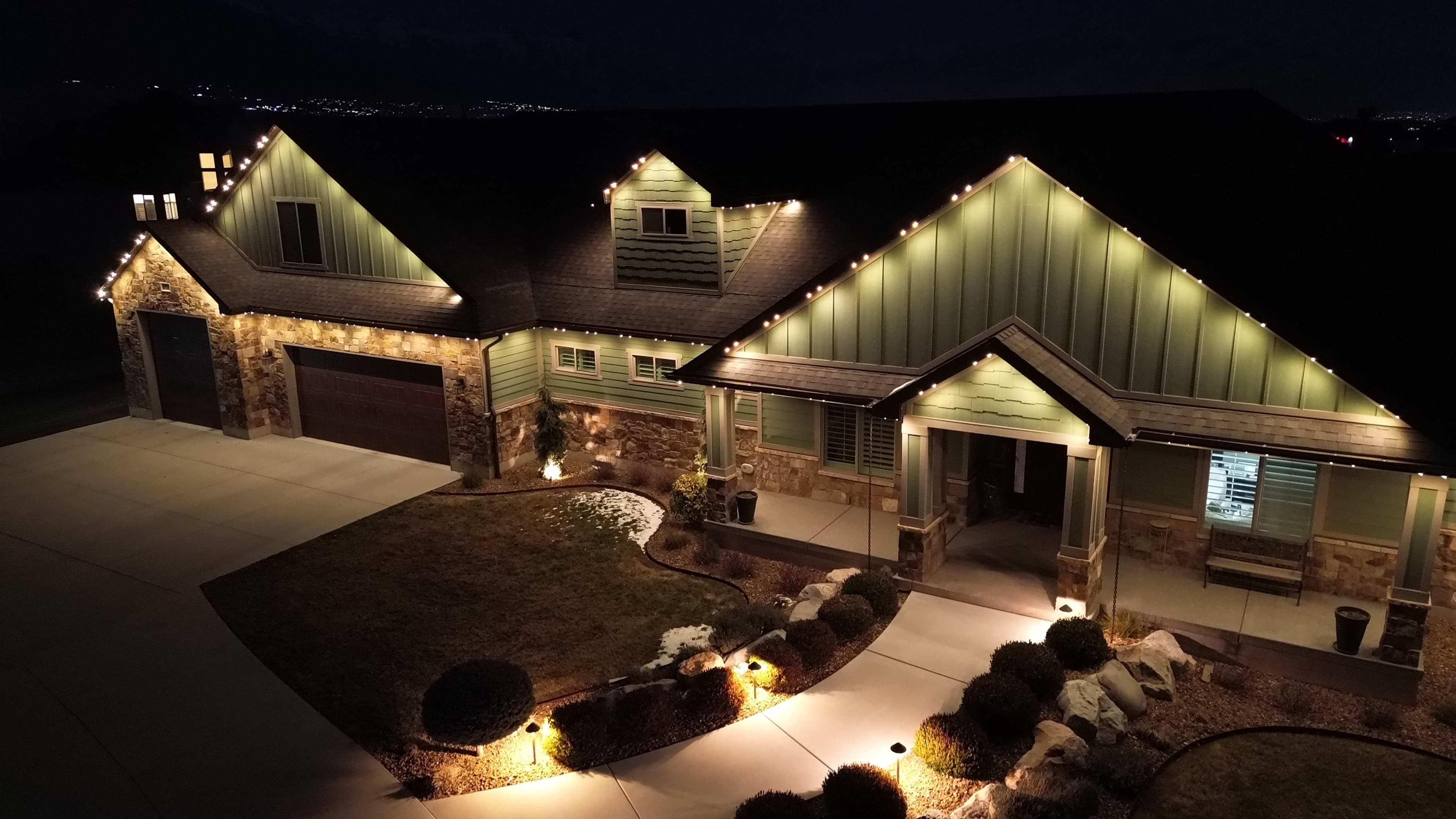 Permanent outdoor lighting at dusk (TruLight network install)